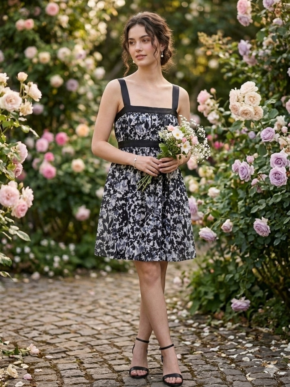 Vintage Y2K Jacob Black & White Floral Mini Dress Empire Waist Minimalist Glam 8